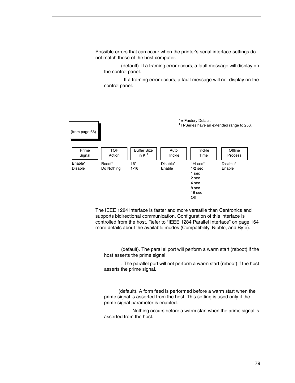 Ieee 1284 parallel (bidirectional) submenu, Framing errors, Prime signal | Tof action | Printronix N7000 H-Series Cartridge Ribbon Printer User Manual | Page 79 / 292
