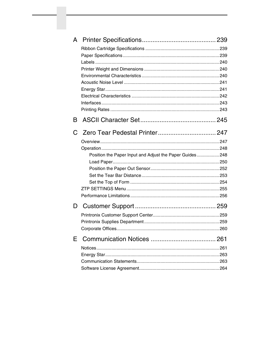 A printer specifications, B ascii character set c zero tear pedestal printer, D customer support | E communication notices | Printronix N7000 H-Series Cartridge Ribbon Printer User Manual | Page 8 / 292