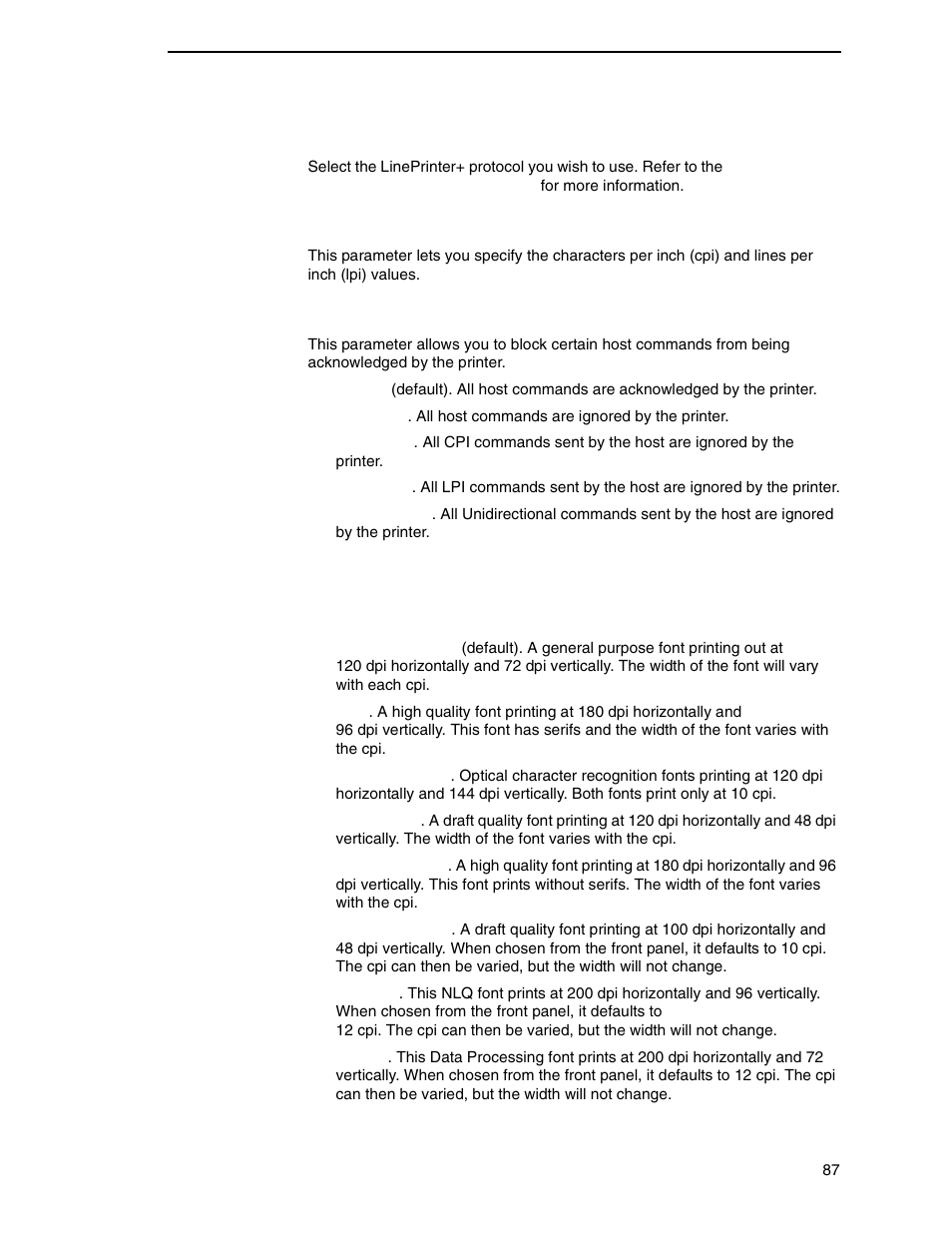Printer protocol, Cpi/lpi select, Host command | Font attributes | Printronix N7000 H-Series Cartridge Ribbon Printer User Manual | Page 87 / 292
