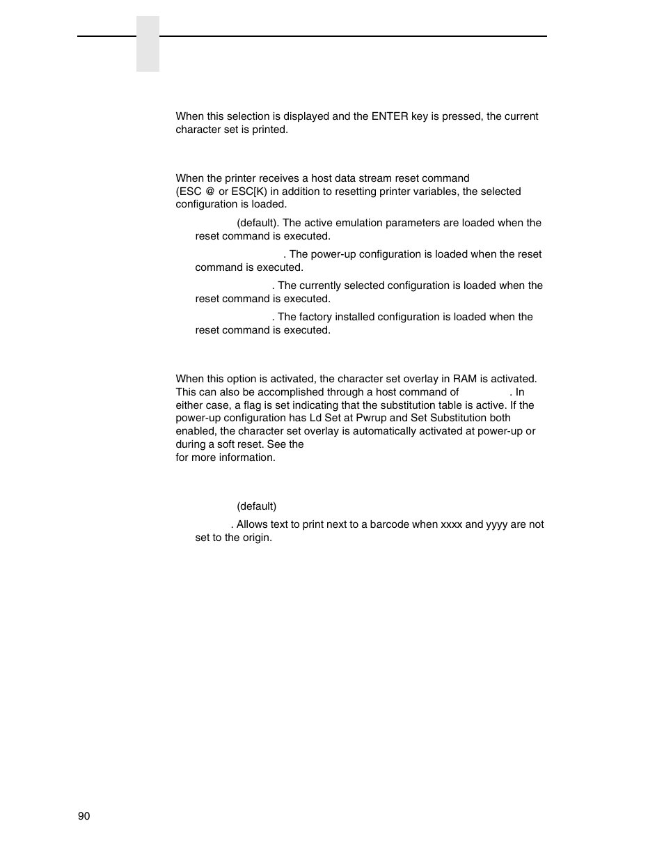 Print char. set, Reset cmd cfg ld, Set substitution | Barcode x-offset | Printronix N7000 H-Series Cartridge Ribbon Printer User Manual | Page 90 / 292