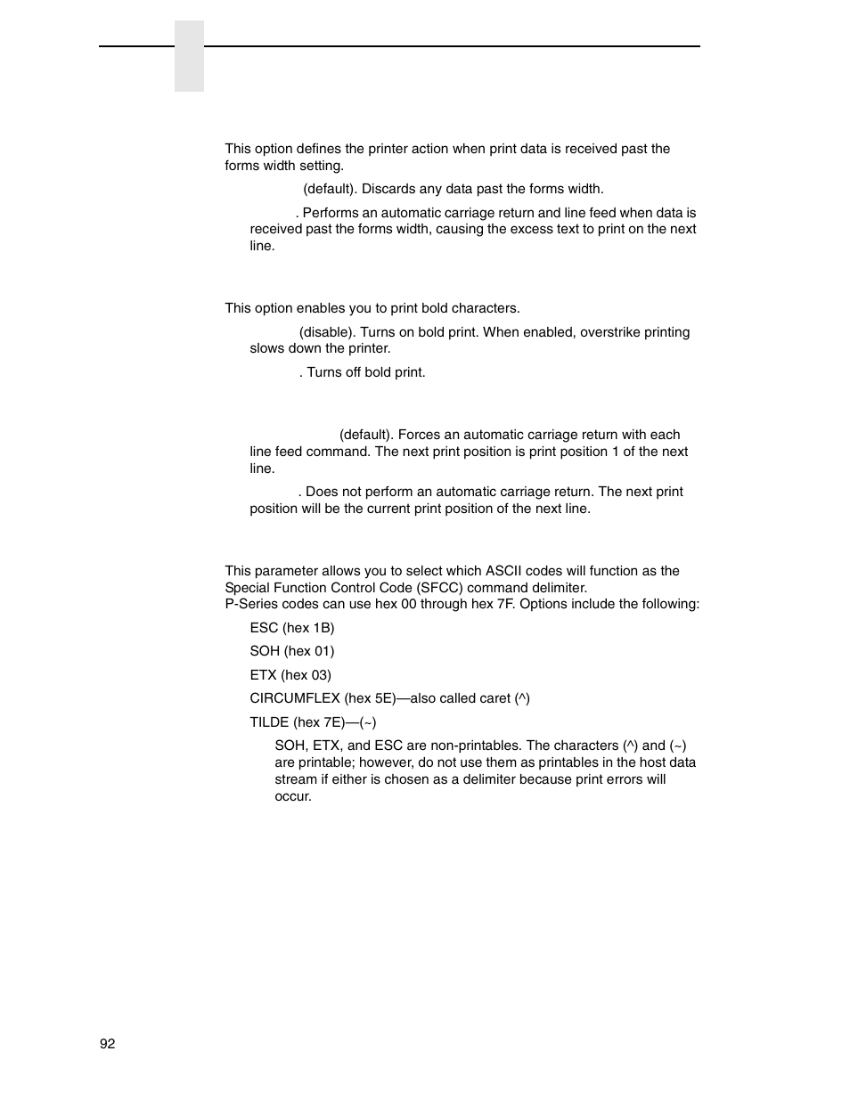 Auto lf, Overstrike, Define lf code | P-series sfcc | Printronix N7000 H-Series Cartridge Ribbon Printer User Manual | Page 92 / 292