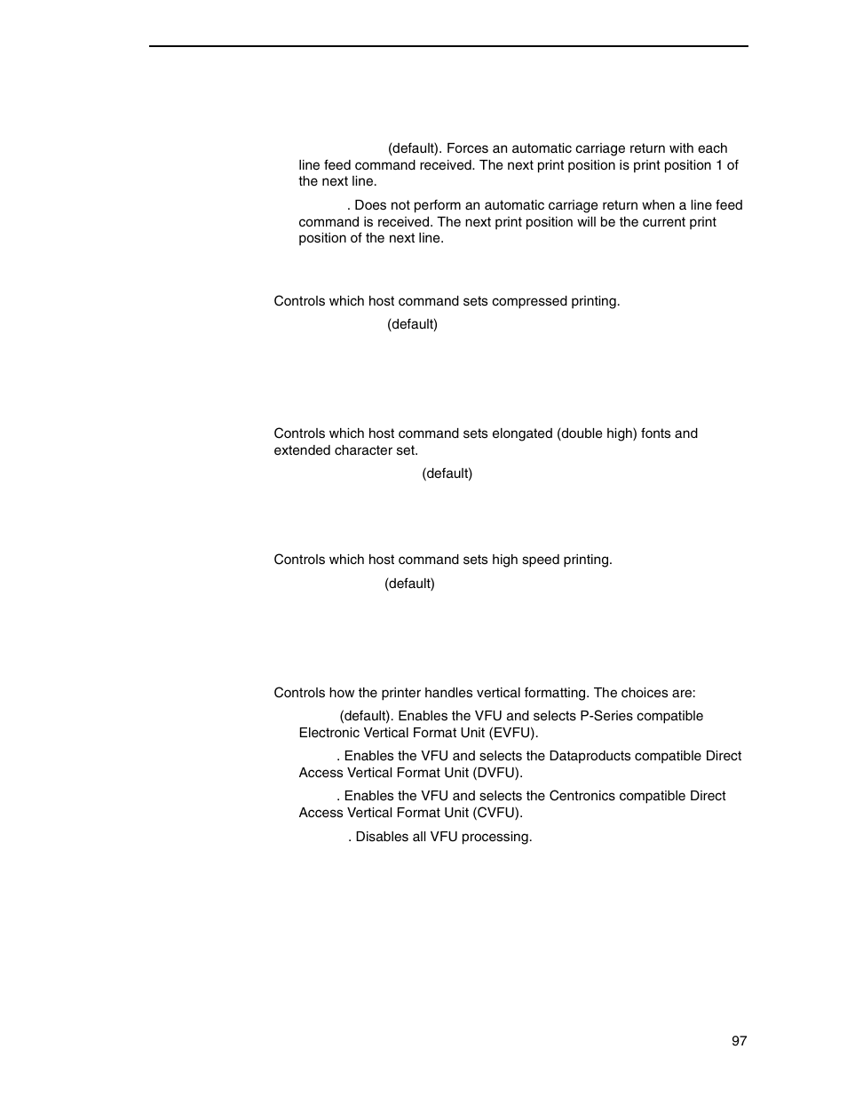 Define lf code, Compressed print, Elong/alt. font | Hs print (high speed print), Vfu select | Printronix N7000 H-Series Cartridge Ribbon Printer User Manual | Page 97 / 292
