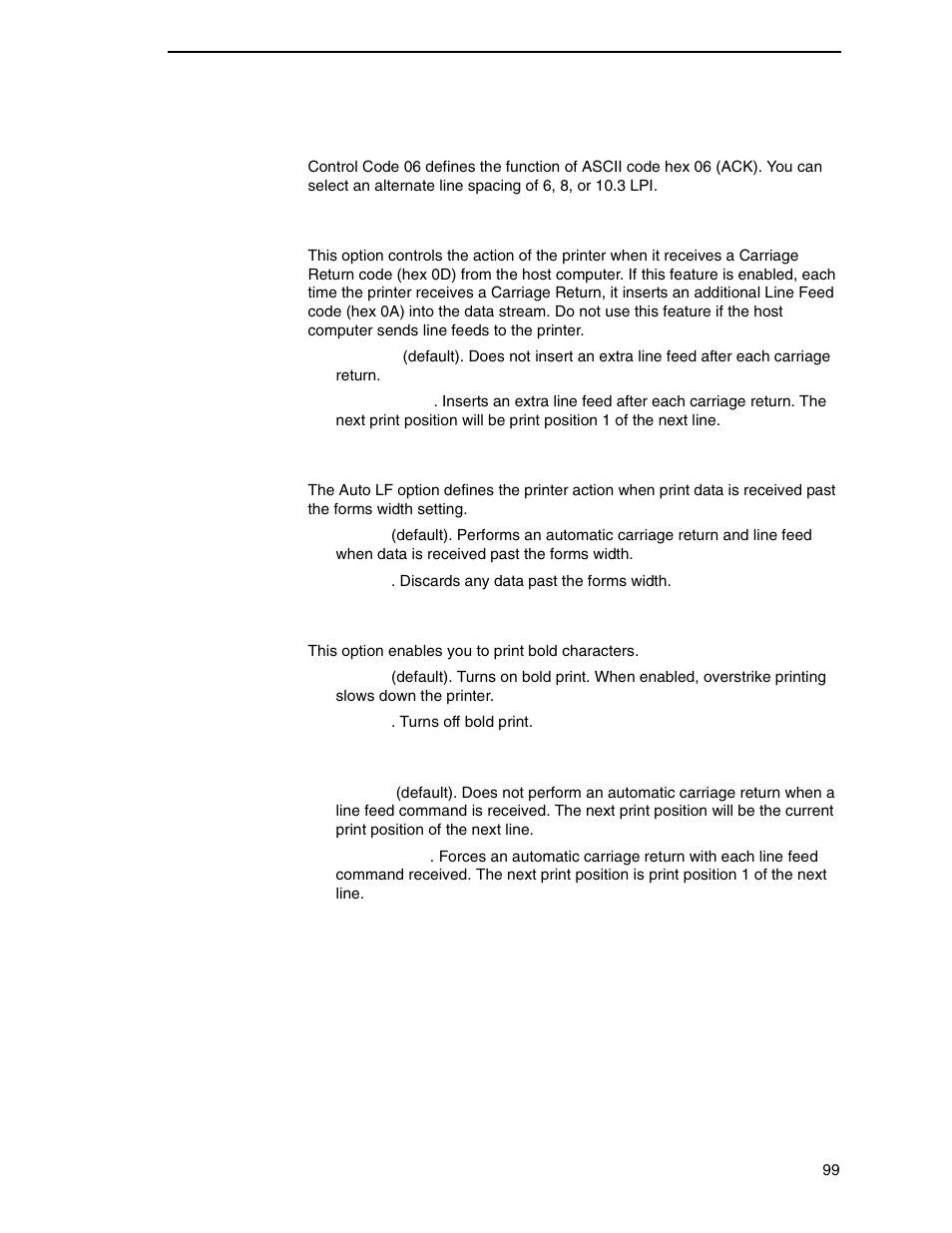 Control code 06, Define cr code, Auto lf | Overstrike, Define lf code | Printronix N7000 H-Series Cartridge Ribbon Printer User Manual | Page 99 / 292