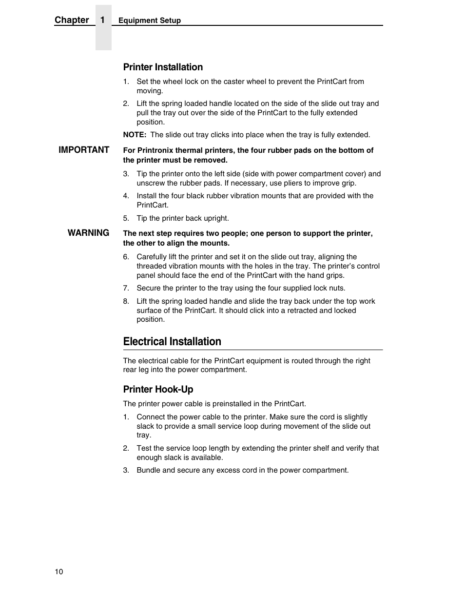 Electrical installation, Printer installation, Printer hook-up | Printronix PrintCart User Manual | Page 10 / 62