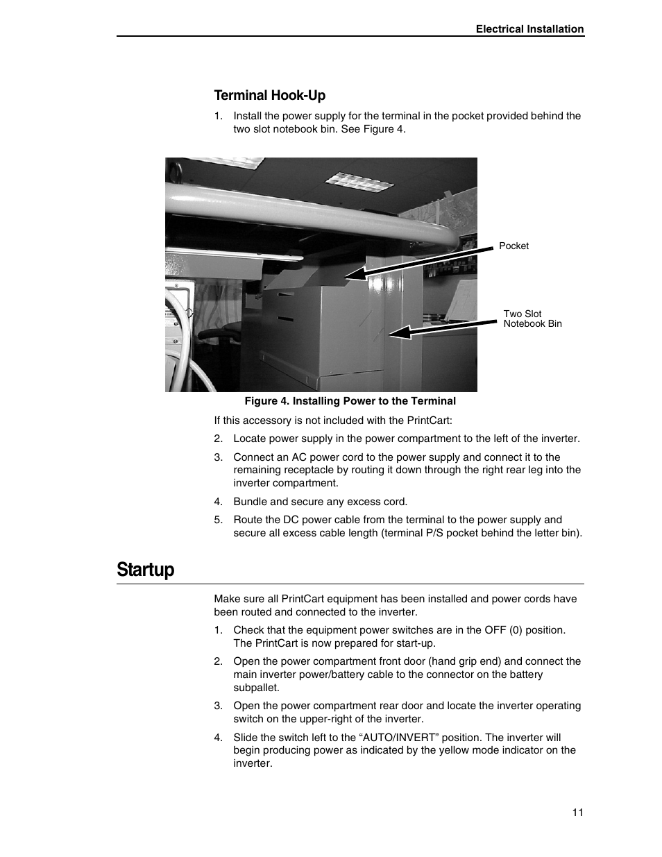 Startup, Terminal hook-up | Printronix PrintCart User Manual | Page 11 / 62