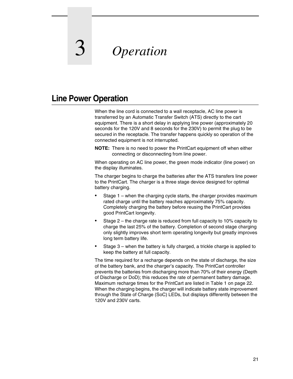 3 operation, Line power operation, Operation | Printronix PrintCart User Manual | Page 21 / 62