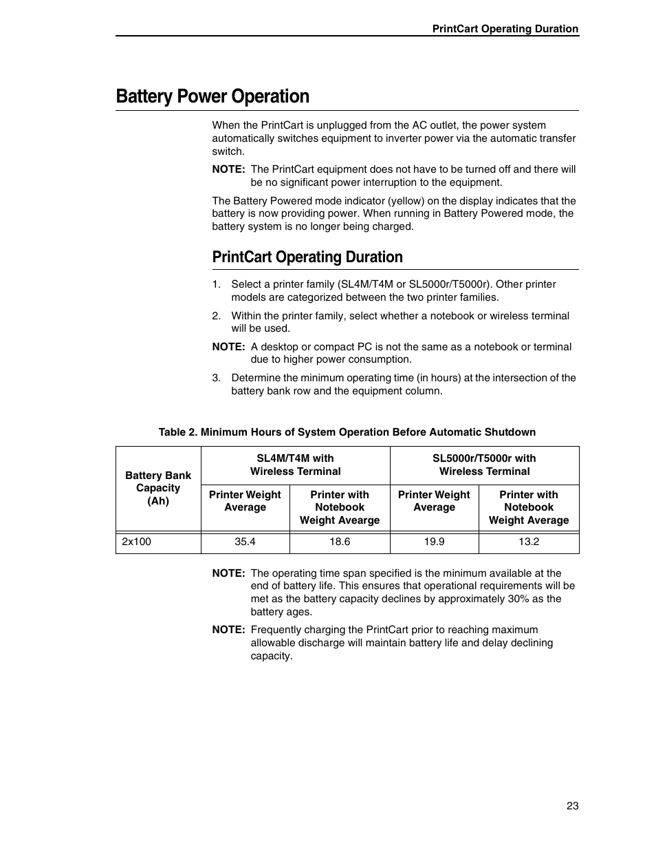 Battery power operation, Printcart operating duration | Printronix PrintCart User Manual | Page 23 / 62