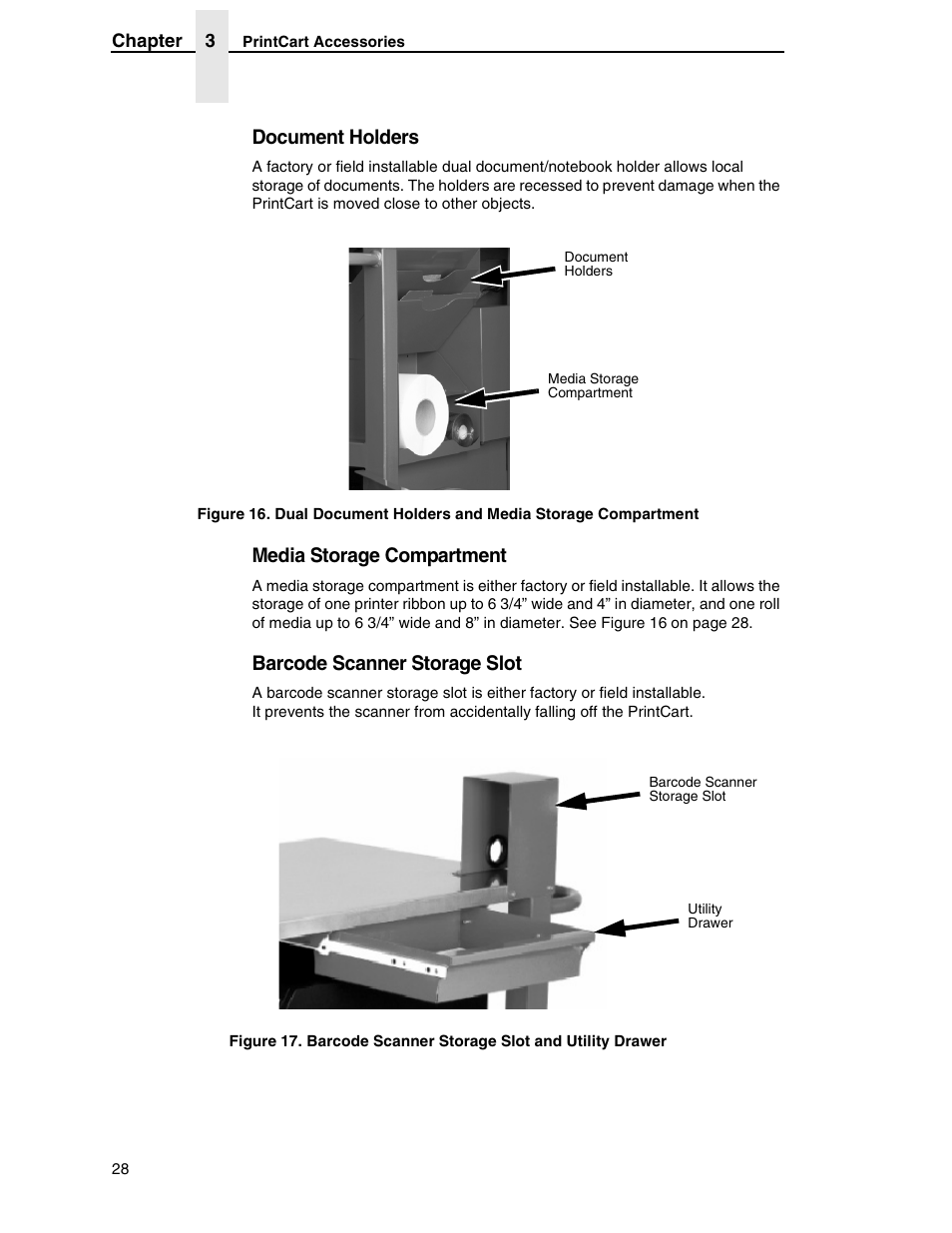 Document holders, Media storage compartment, Barcode scanner storage slot | Printronix PrintCart User Manual | Page 28 / 62