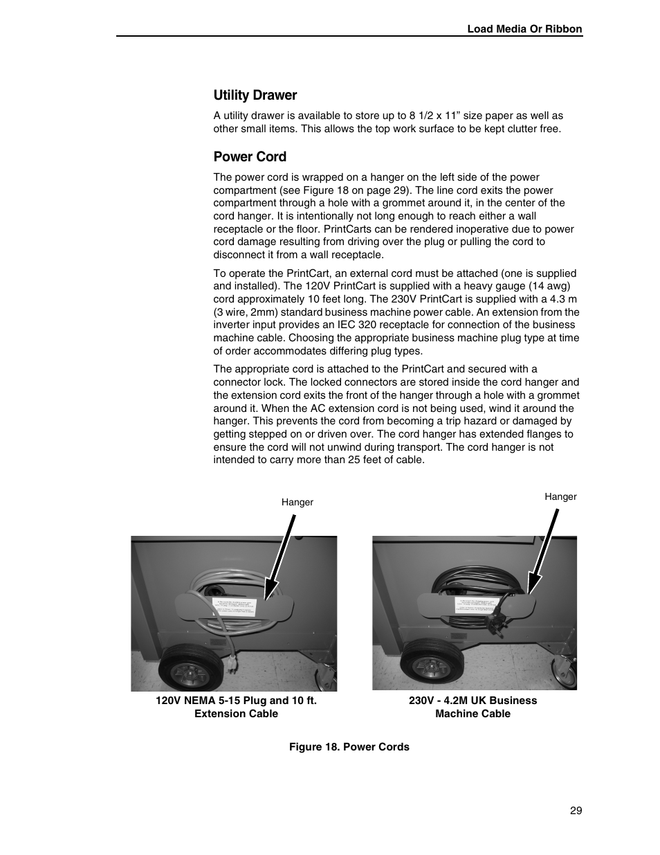 Utility drawer, Power cord | Printronix PrintCart User Manual | Page 29 / 62