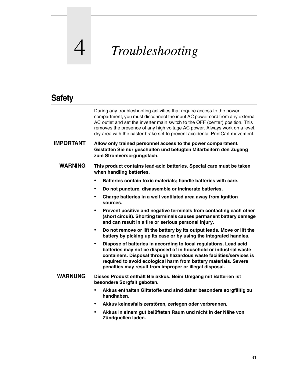 4 troubleshooting, Safety, Troubleshooting | Printronix PrintCart User Manual | Page 31 / 62