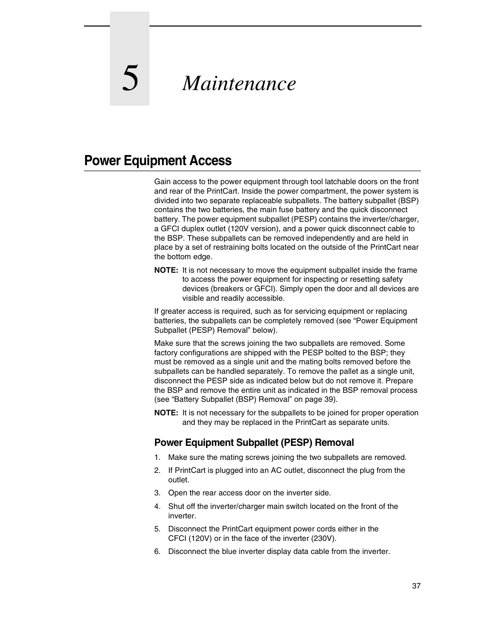 5 maintenance, Power equipment access, Maintenance | Printronix PrintCart User Manual | Page 37 / 62