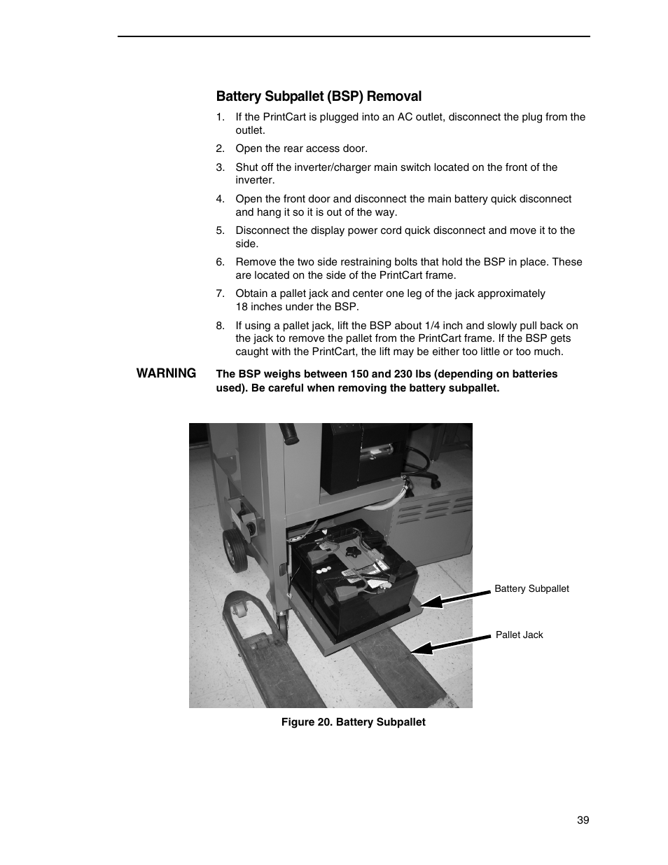 Battery subpallet (bsp) removal | Printronix PrintCart User Manual | Page 39 / 62