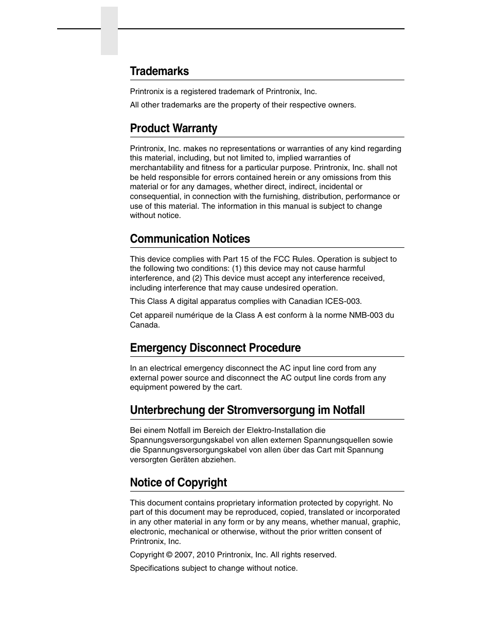 Trademarks, Product warranty, Communication notices | Emergency disconnect procedure, Unterbrechung der stromversorgung im notfall, Notice of copyright | Printronix PrintCart User Manual | Page 4 / 62