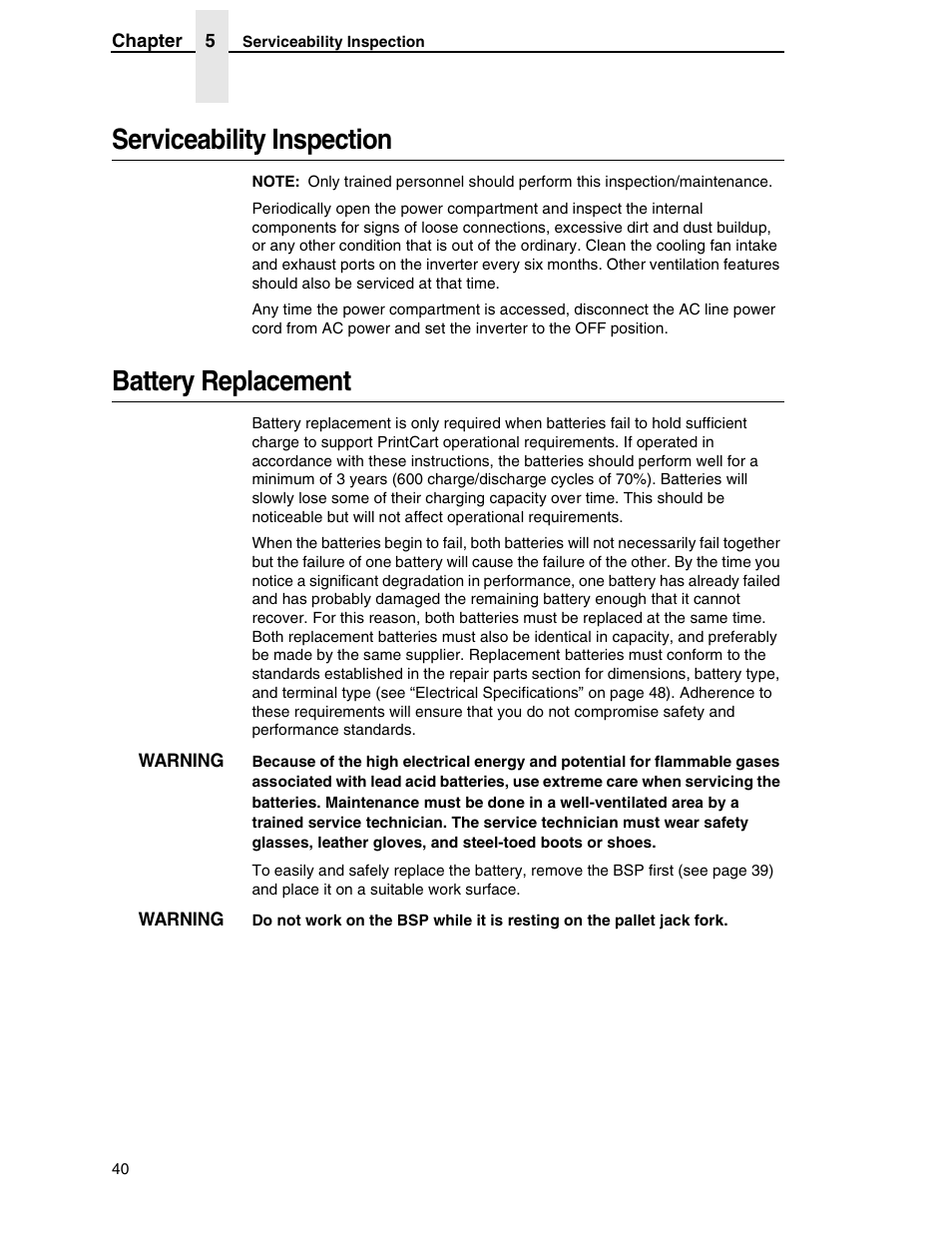 Serviceability inspection, Battery replacement | Printronix PrintCart User Manual | Page 40 / 62