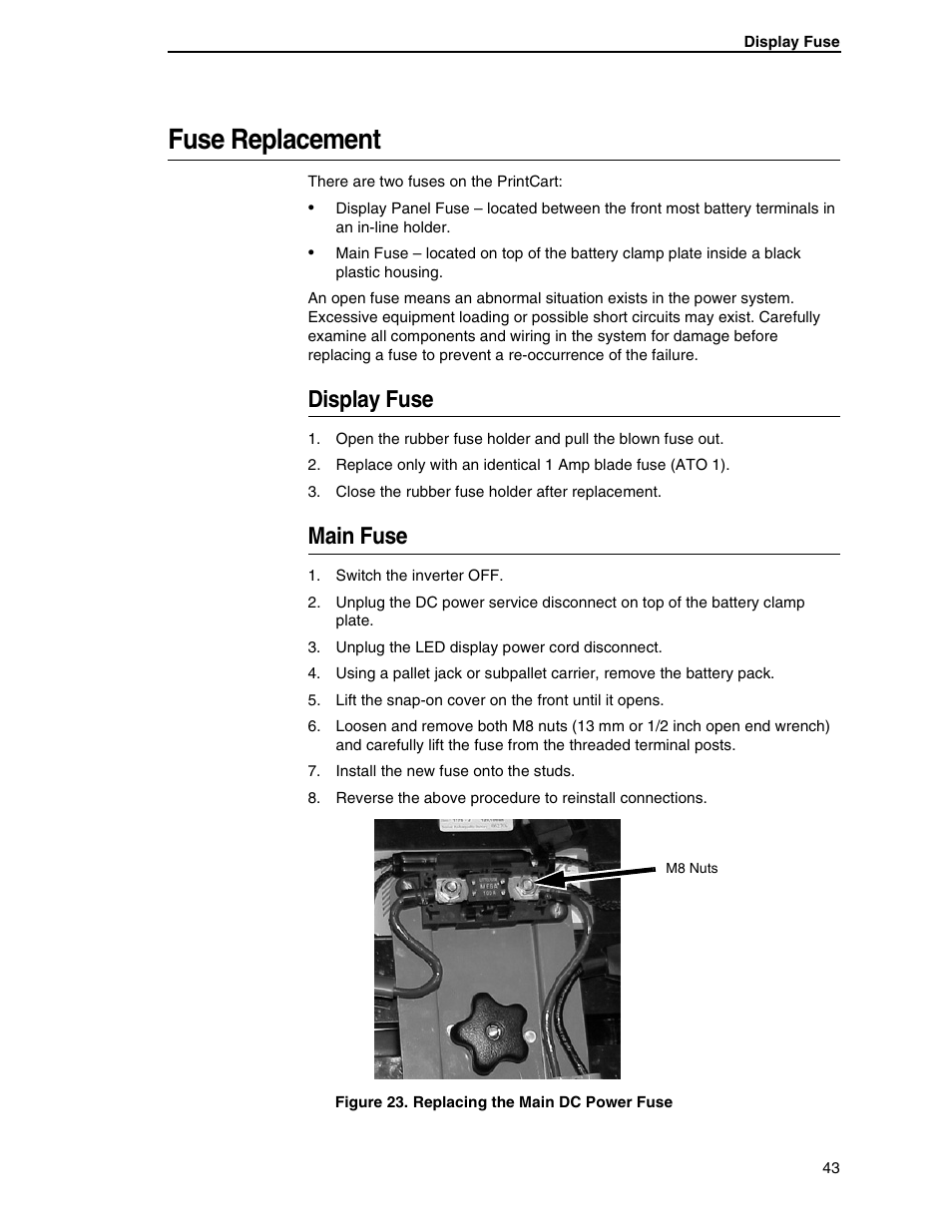 Fuse replacement, Display fuse, Main fuse | Printronix PrintCart User Manual | Page 43 / 62