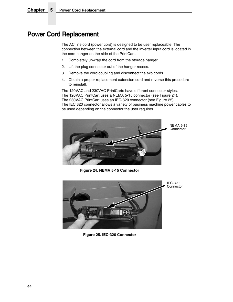 Power cord replacement | Printronix PrintCart User Manual | Page 44 / 62