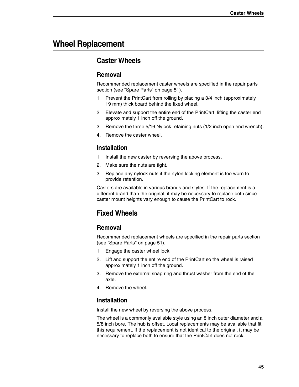 Wheel replacement, Caster wheels, Fixed wheels | Removal, Installation | Printronix PrintCart User Manual | Page 45 / 62