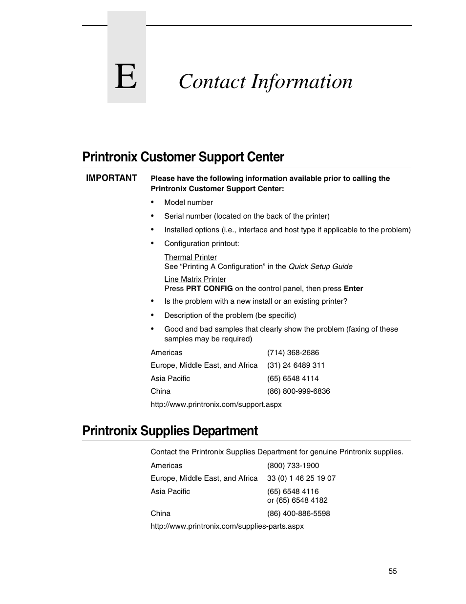 E contact information, Printronix customer support center, Printronix supplies department | Contact information | Printronix PrintCart User Manual | Page 55 / 62