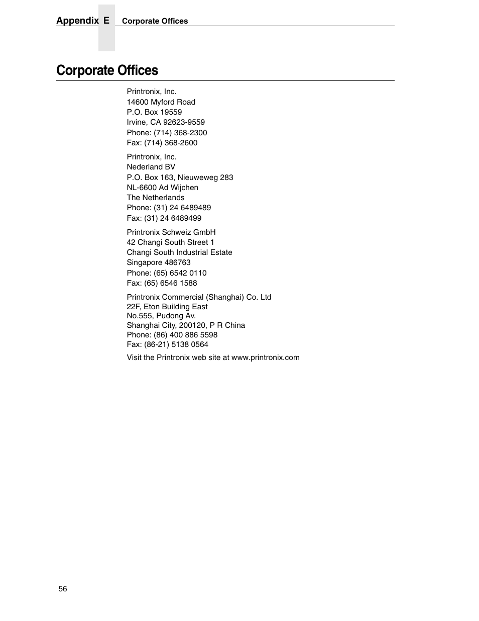 Corporate offices | Printronix PrintCart User Manual | Page 56 / 62