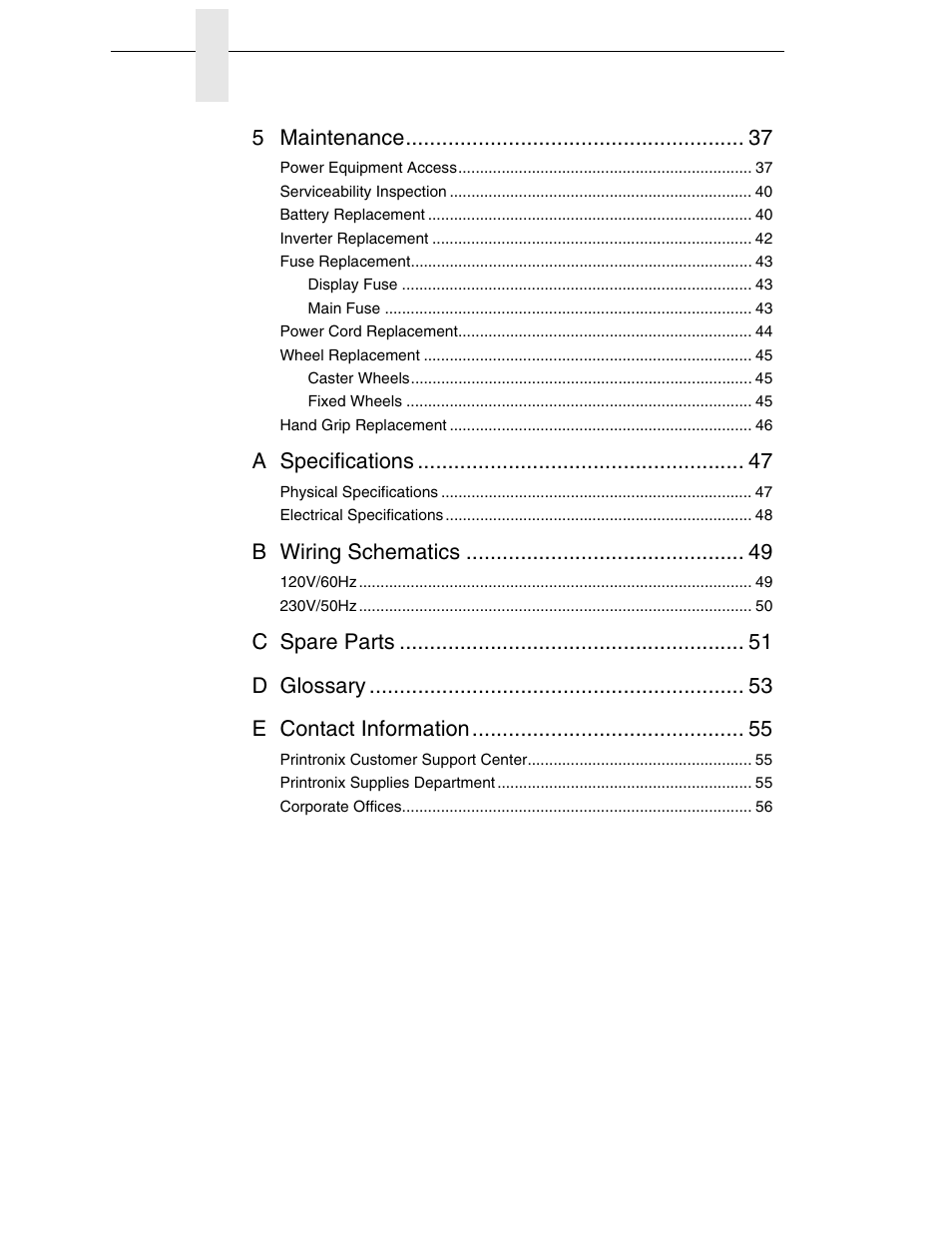 5 maintenance, A specifications, B wiring schematics | C spare parts d glossary e contact information | Printronix PrintCart User Manual | Page 6 / 62