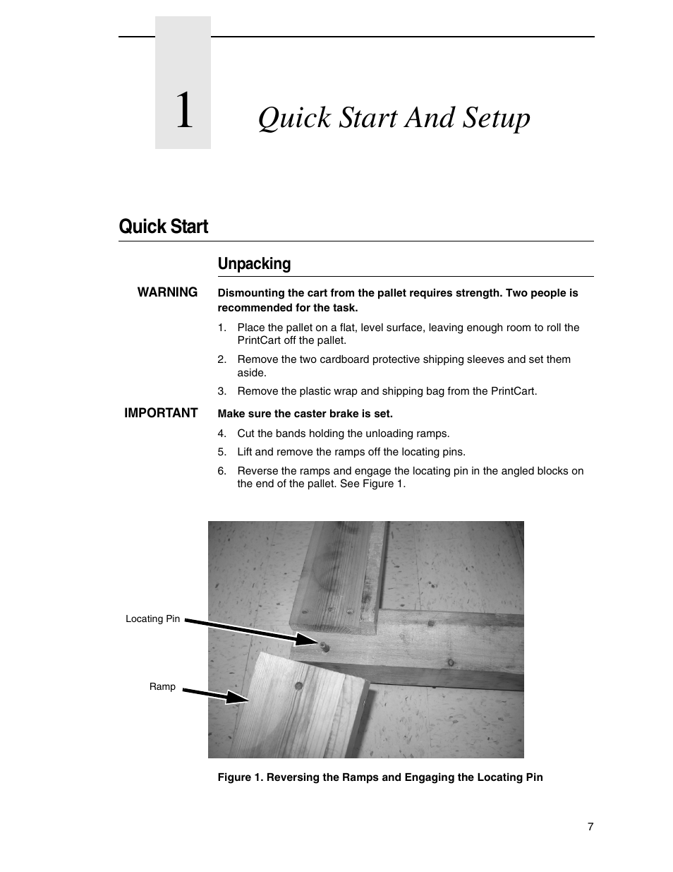 1 quick start and setup, Quick start, Unpacking | Quick start and setup | Printronix PrintCart User Manual | Page 7 / 62