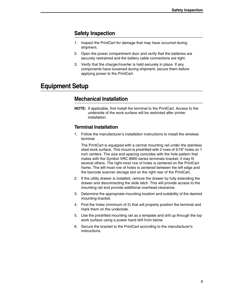 Safety inspection, Equipment setup, Mechanical installation | Terminal installation | Printronix PrintCart User Manual | Page 9 / 62