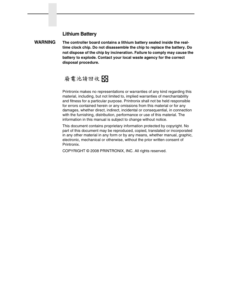 Lithium battery | Printronix SL5000r RFID Smart Label and Thermal Printers User Manual | Page 10 / 394