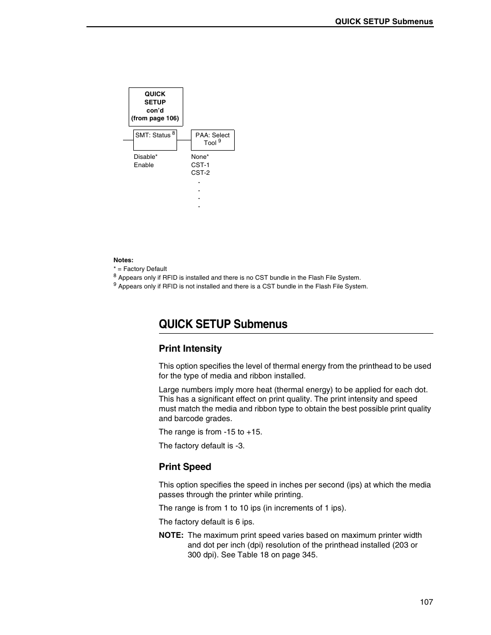 Quick setup submenus, Print intensity, Print speed | Printronix SL5000r RFID Smart Label and Thermal Printers User Manual | Page 107 / 394