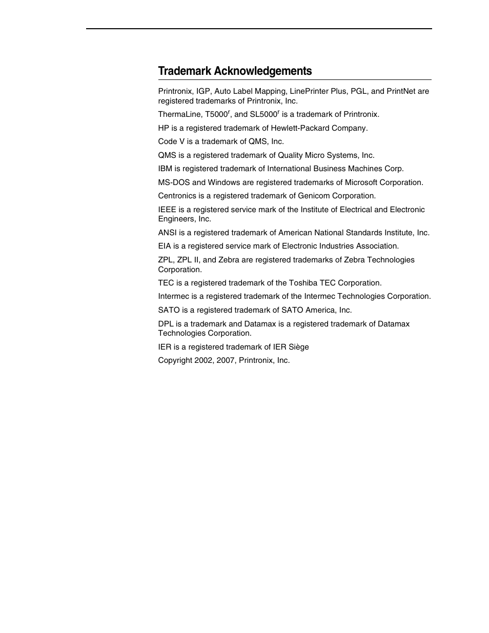 Trademark acknowledgements | Printronix SL5000r RFID Smart Label and Thermal Printers User Manual | Page 11 / 394