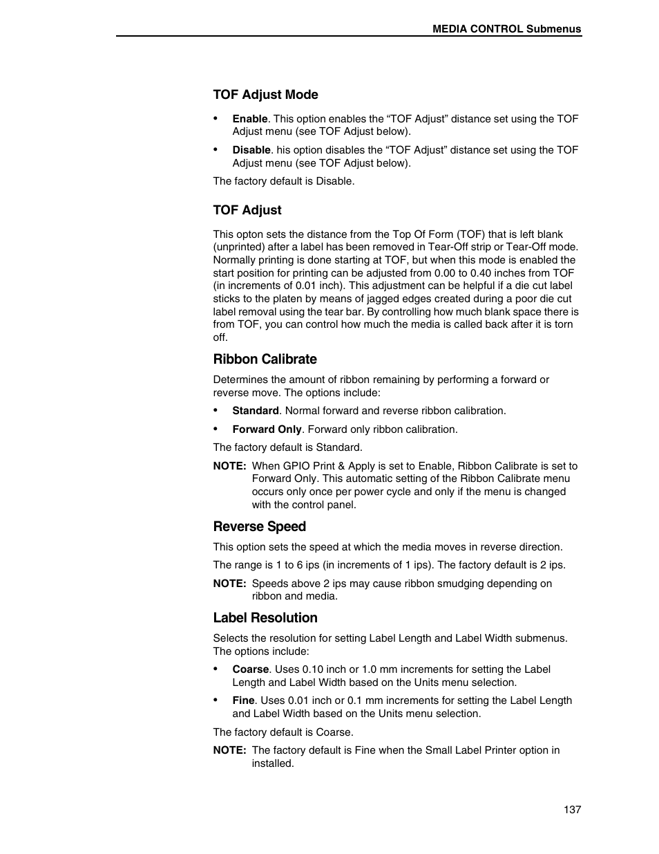 Ribbon calibrate, Reverse speed, Label resolution | Printronix SL5000r RFID Smart Label and Thermal Printers User Manual | Page 137 / 394