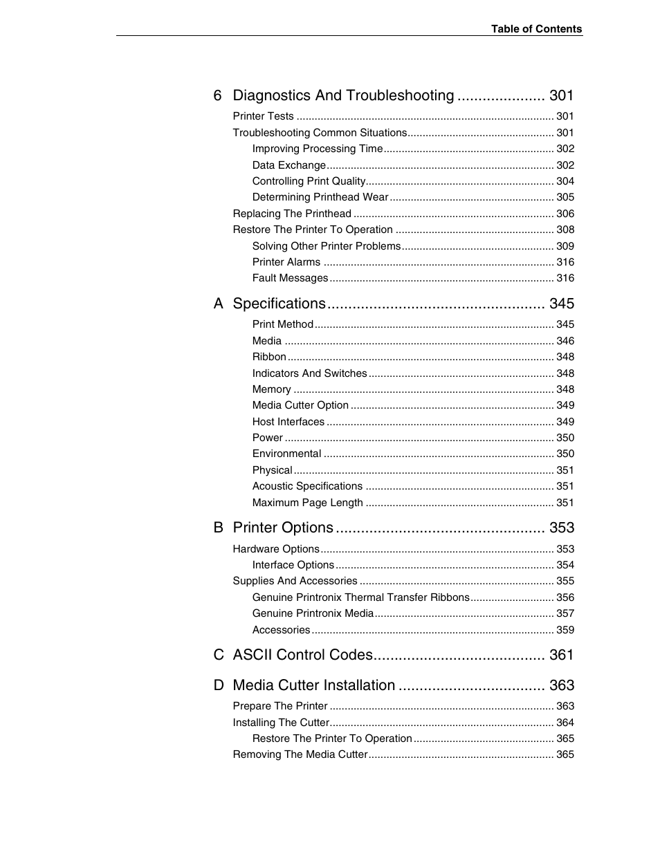 6 diagnostics and troubleshooting, A specifications, B printer options | C ascii control codes d media cutter installation | Printronix SL5000r RFID Smart Label and Thermal Printers User Manual | Page 17 / 394