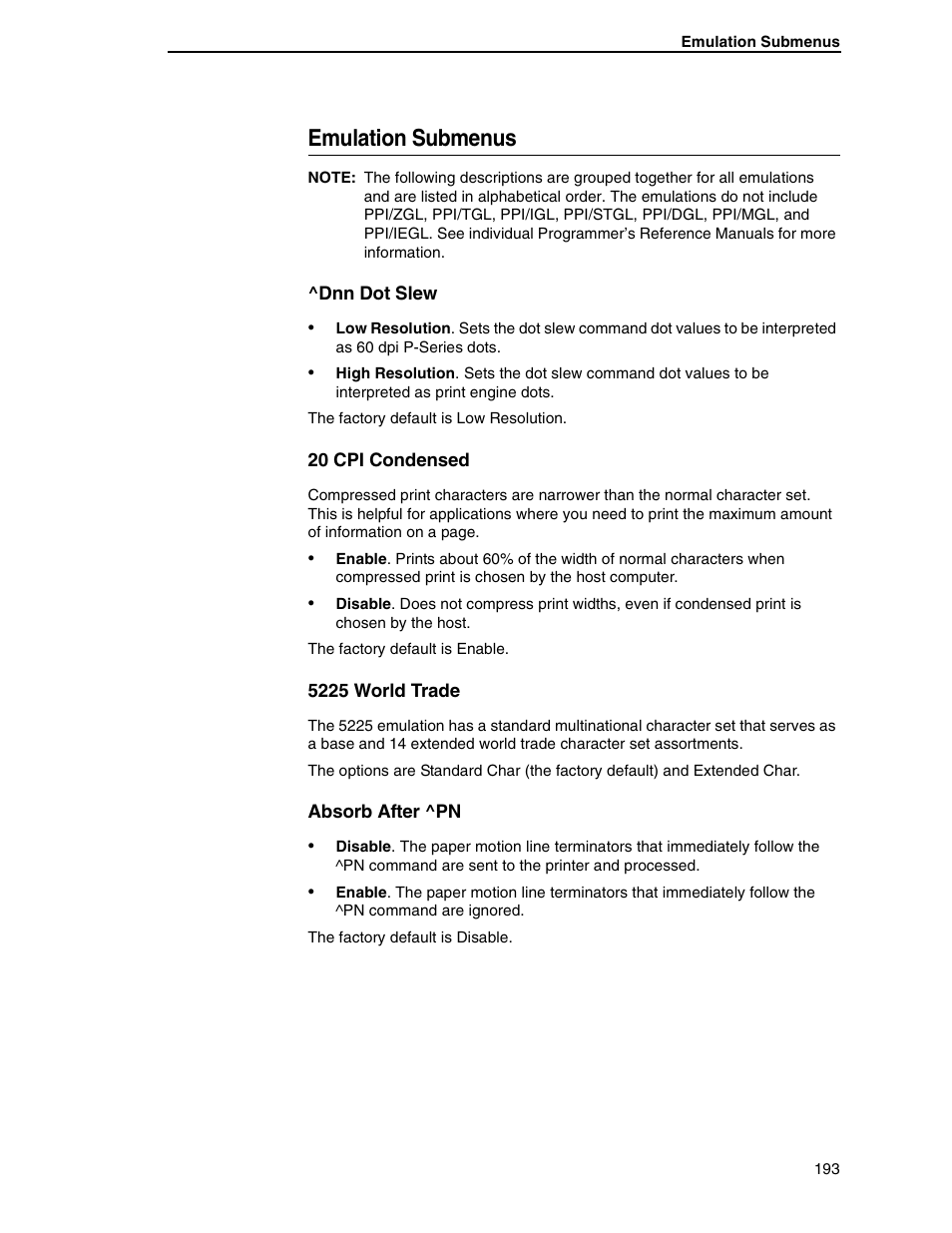 Emulation submenus | Printronix SL5000r RFID Smart Label and Thermal Printers User Manual | Page 193 / 394