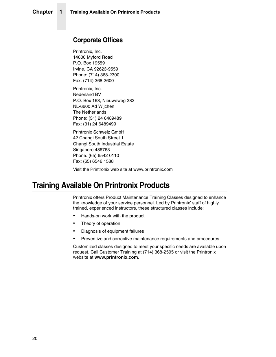 Corporate offices, Training available on printronix products | Printronix SL5000r RFID Smart Label and Thermal Printers User Manual | Page 20 / 394