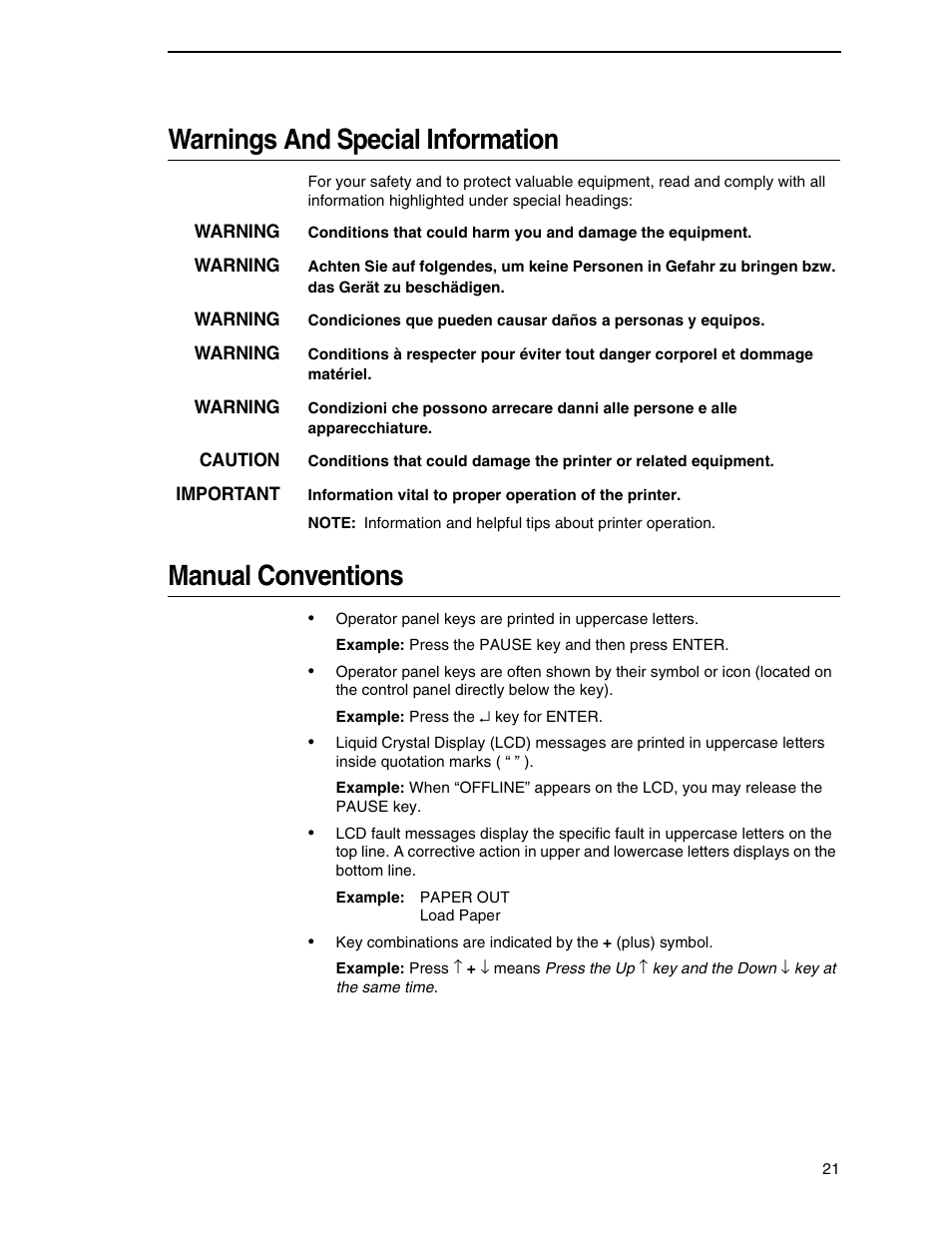 Warnings and special information, Manual conventions | Printronix SL5000r RFID Smart Label and Thermal Printers User Manual | Page 21 / 394