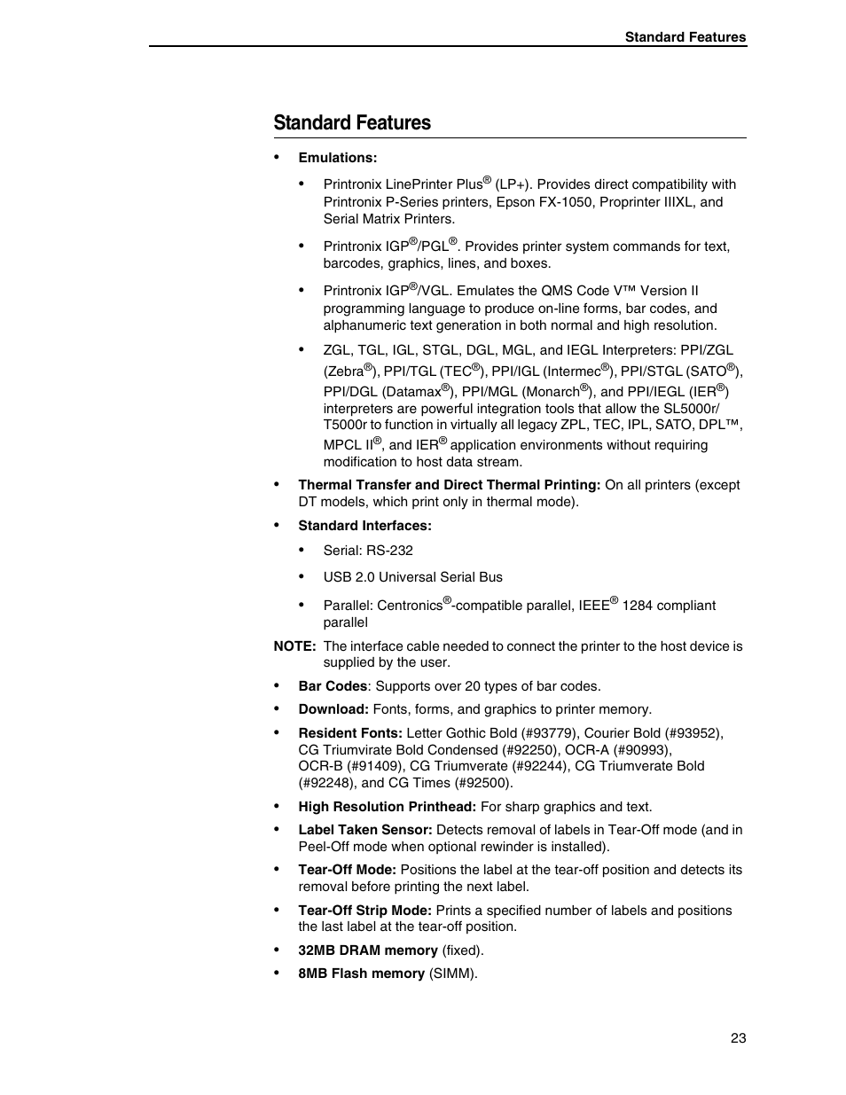 Standard features | Printronix SL5000r RFID Smart Label and Thermal Printers User Manual | Page 23 / 394