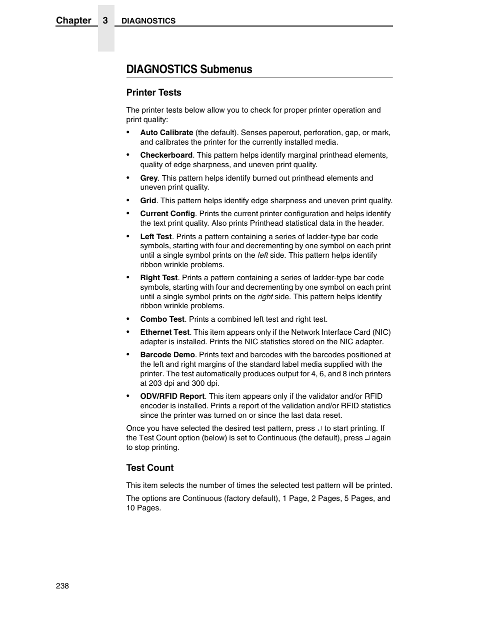 Diagnostics submenus | Printronix SL5000r RFID Smart Label and Thermal Printers User Manual | Page 238 / 394