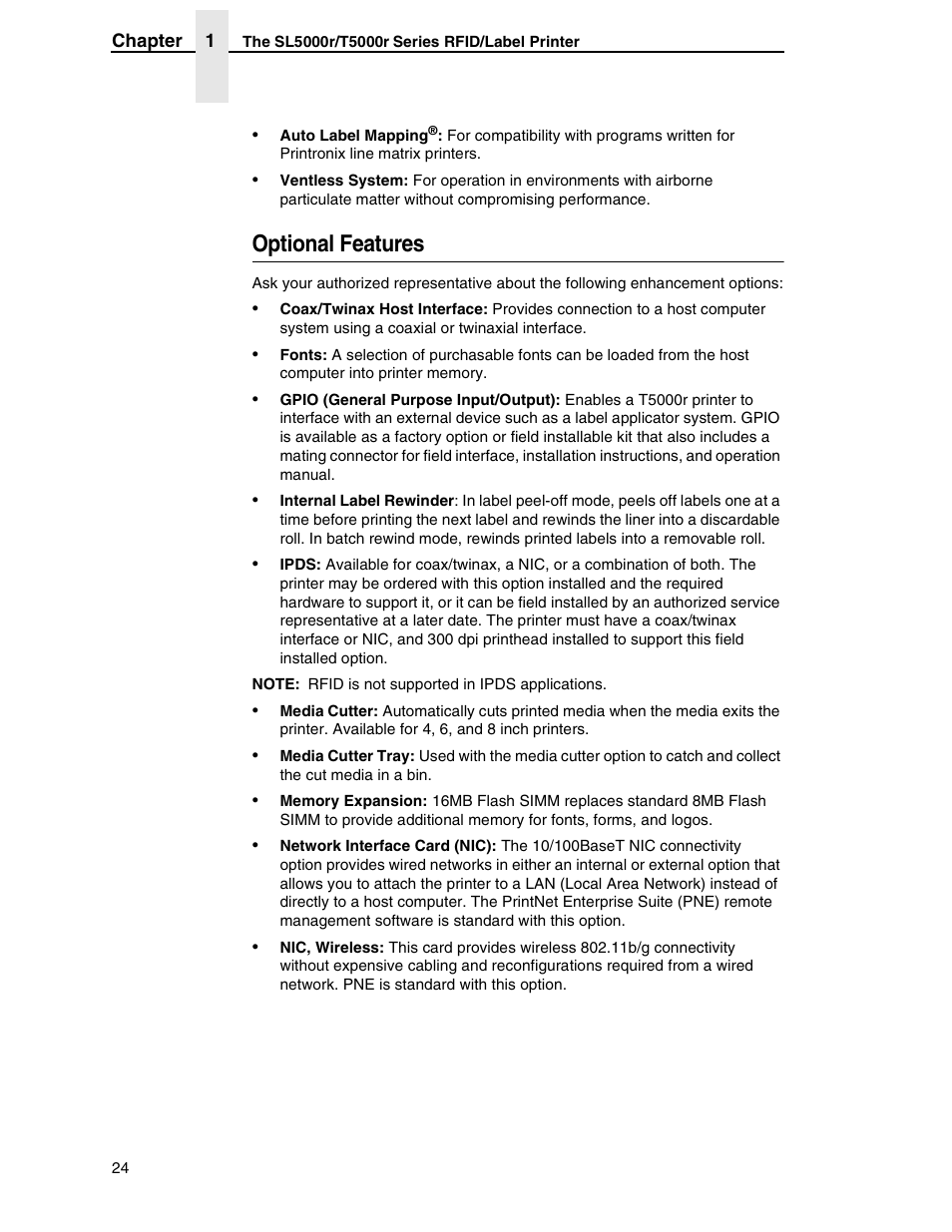 Optional features | Printronix SL5000r RFID Smart Label and Thermal Printers User Manual | Page 24 / 394