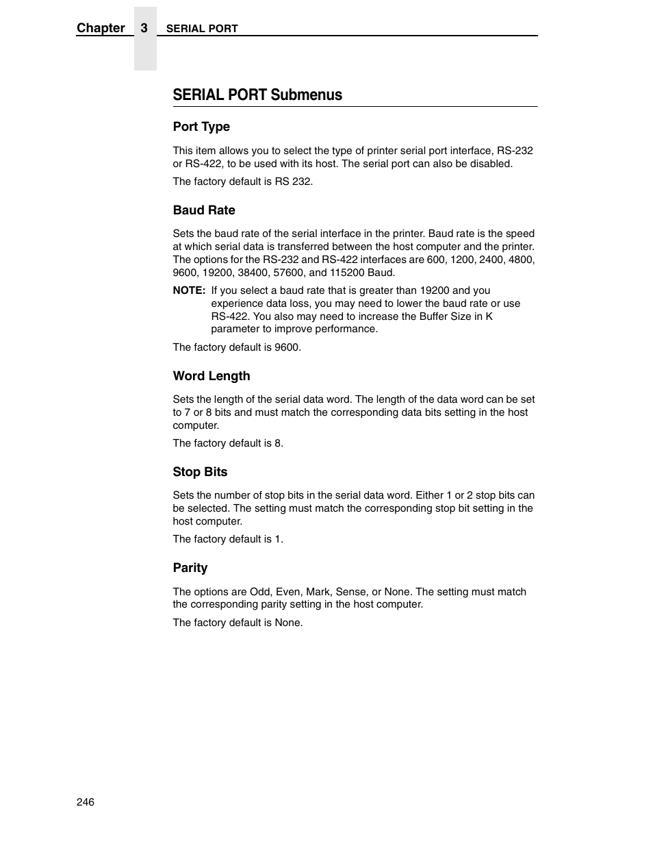 Serial port submenus | Printronix SL5000r RFID Smart Label and Thermal Printers User Manual | Page 246 / 394