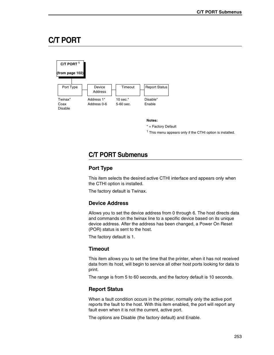 C/t port, C/t port submenus, Port type | Device address, Timeout, Report status | Printronix SL5000r RFID Smart Label and Thermal Printers User Manual | Page 253 / 394