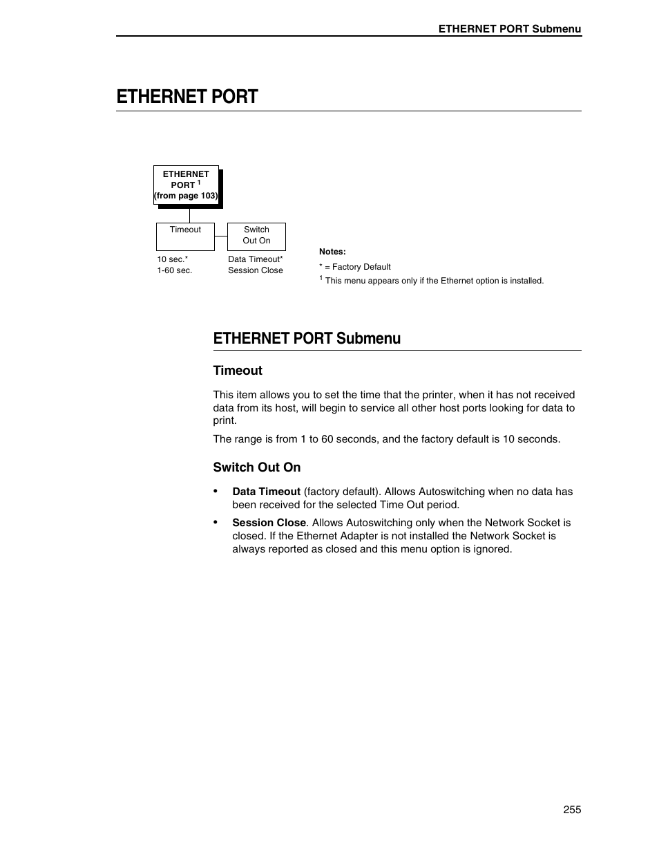 Ethernet port, Ethernet port submenu, Timeout | Switch out on | Printronix SL5000r RFID Smart Label and Thermal Printers User Manual | Page 255 / 394