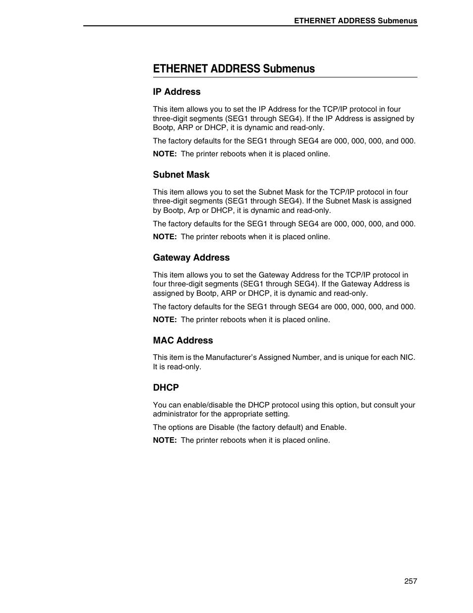 Ethernet address submenus | Printronix SL5000r RFID Smart Label and Thermal Printers User Manual | Page 257 / 394