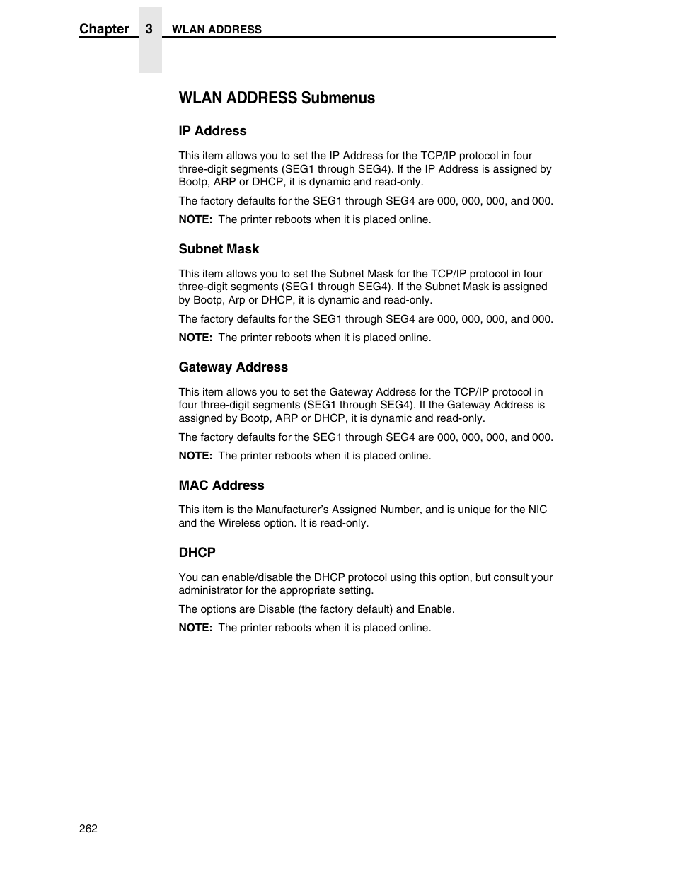 Wlan address submenus | Printronix SL5000r RFID Smart Label and Thermal Printers User Manual | Page 262 / 394