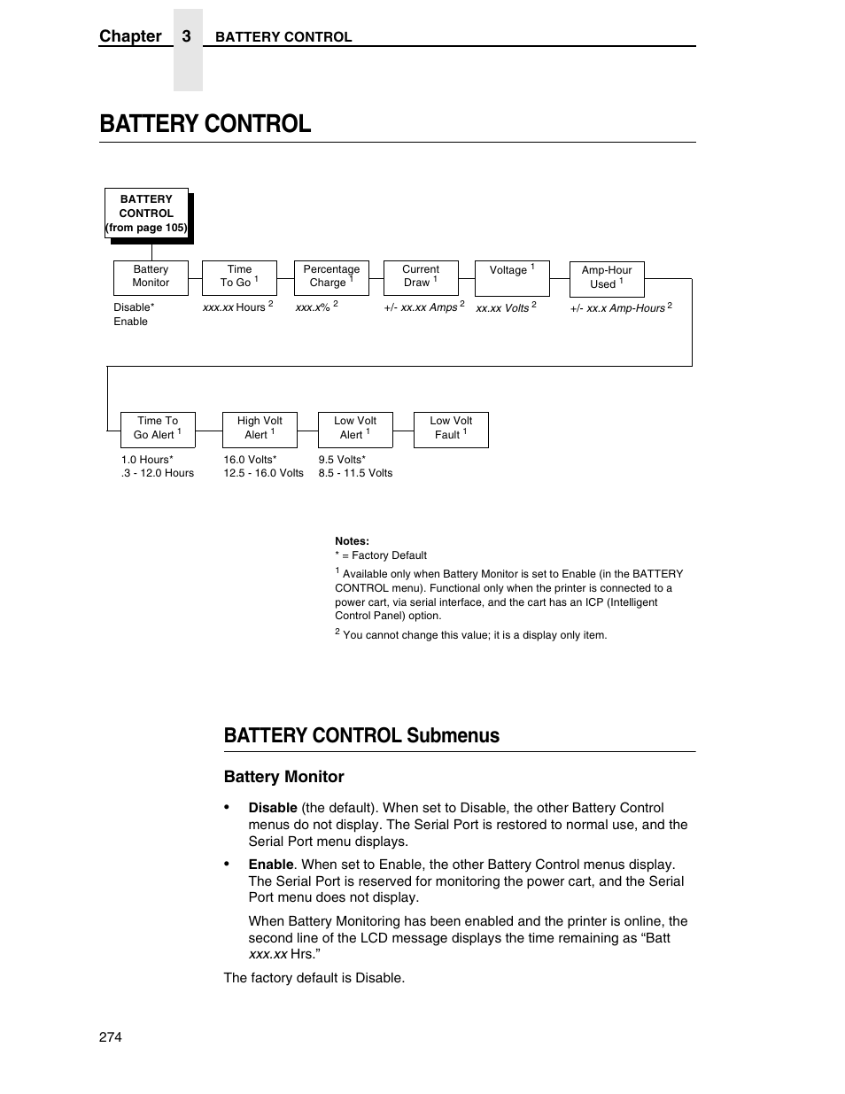 Battery control, Battery control submenus, Chapter 3 | Battery monitor | Printronix SL5000r RFID Smart Label and Thermal Printers User Manual | Page 274 / 394