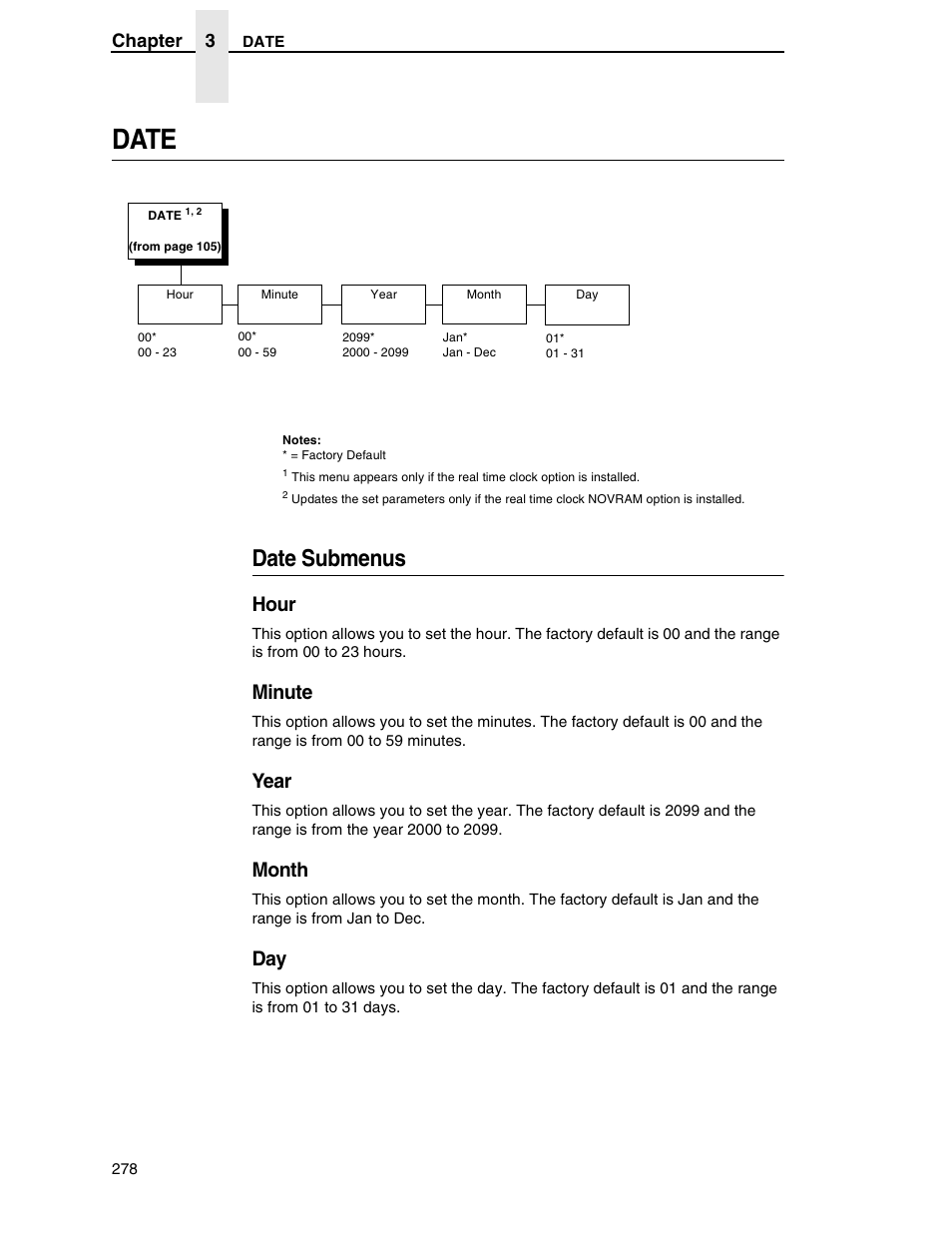 Date, Date submenus, Hour | Minute, Year, Month | Printronix SL5000r RFID Smart Label and Thermal Printers User Manual | Page 278 / 394