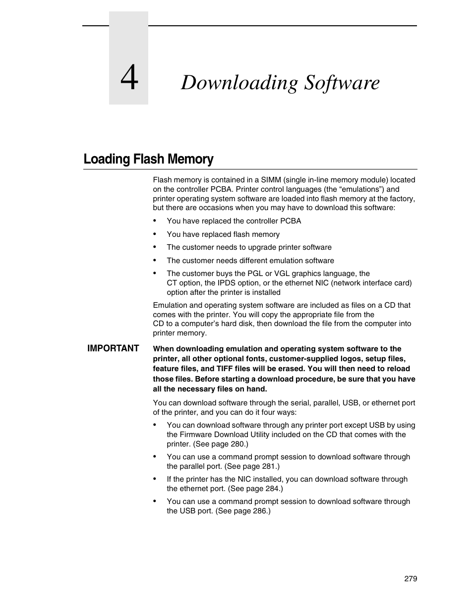 4 downloading software, Loading flash memory, Downloading software | Printronix SL5000r RFID Smart Label and Thermal Printers User Manual | Page 279 / 394