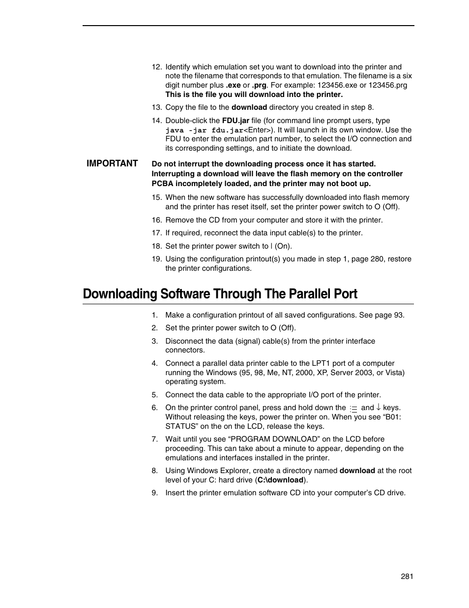 Downloading software through the parallel port | Printronix SL5000r RFID Smart Label and Thermal Printers User Manual | Page 281 / 394