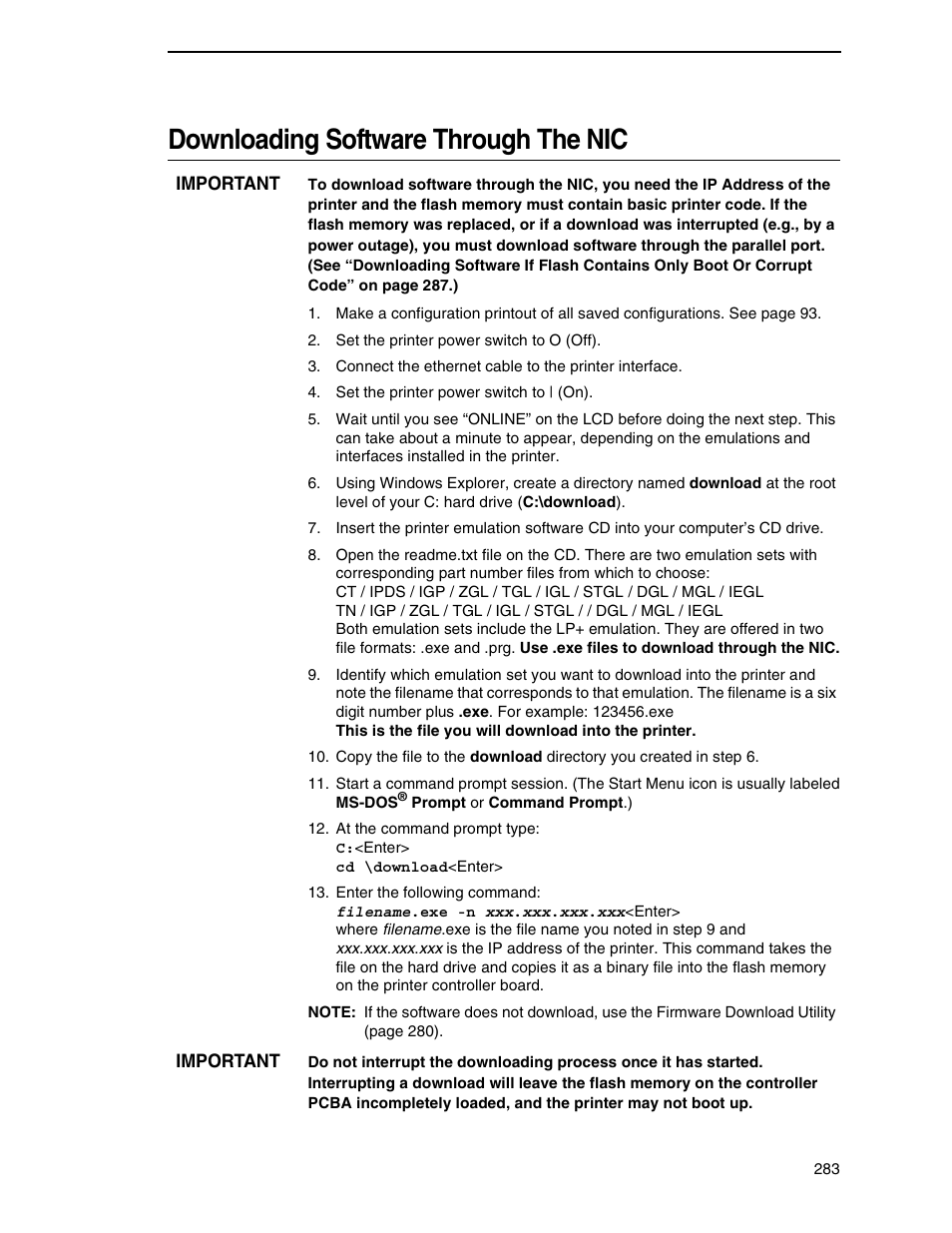 Downloading software through the nic | Printronix SL5000r RFID Smart Label and Thermal Printers User Manual | Page 283 / 394