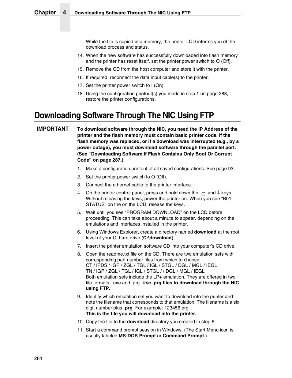 Downloading software through the nic using ftp | Printronix SL5000r RFID Smart Label and Thermal Printers User Manual | Page 284 / 394