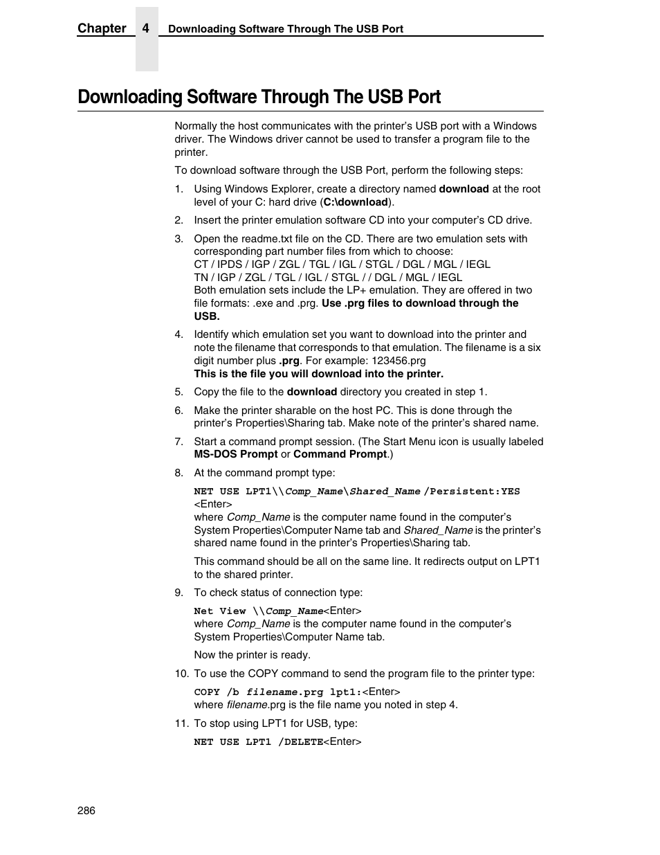 Downloading software through the usb port | Printronix SL5000r RFID Smart Label and Thermal Printers User Manual | Page 286 / 394