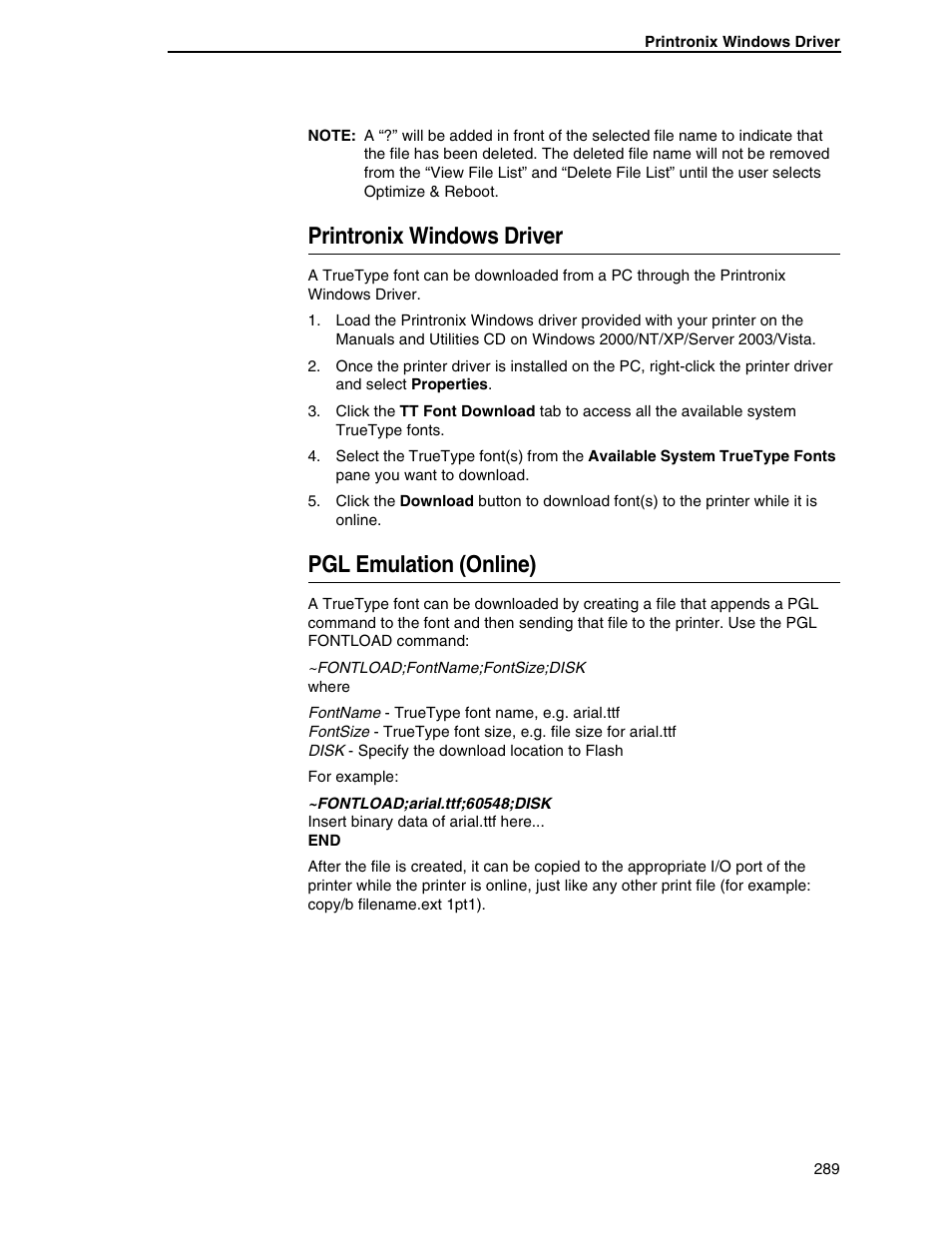 Printronix windows driver, Pgl emulation (online) | Printronix SL5000r RFID Smart Label and Thermal Printers User Manual | Page 289 / 394